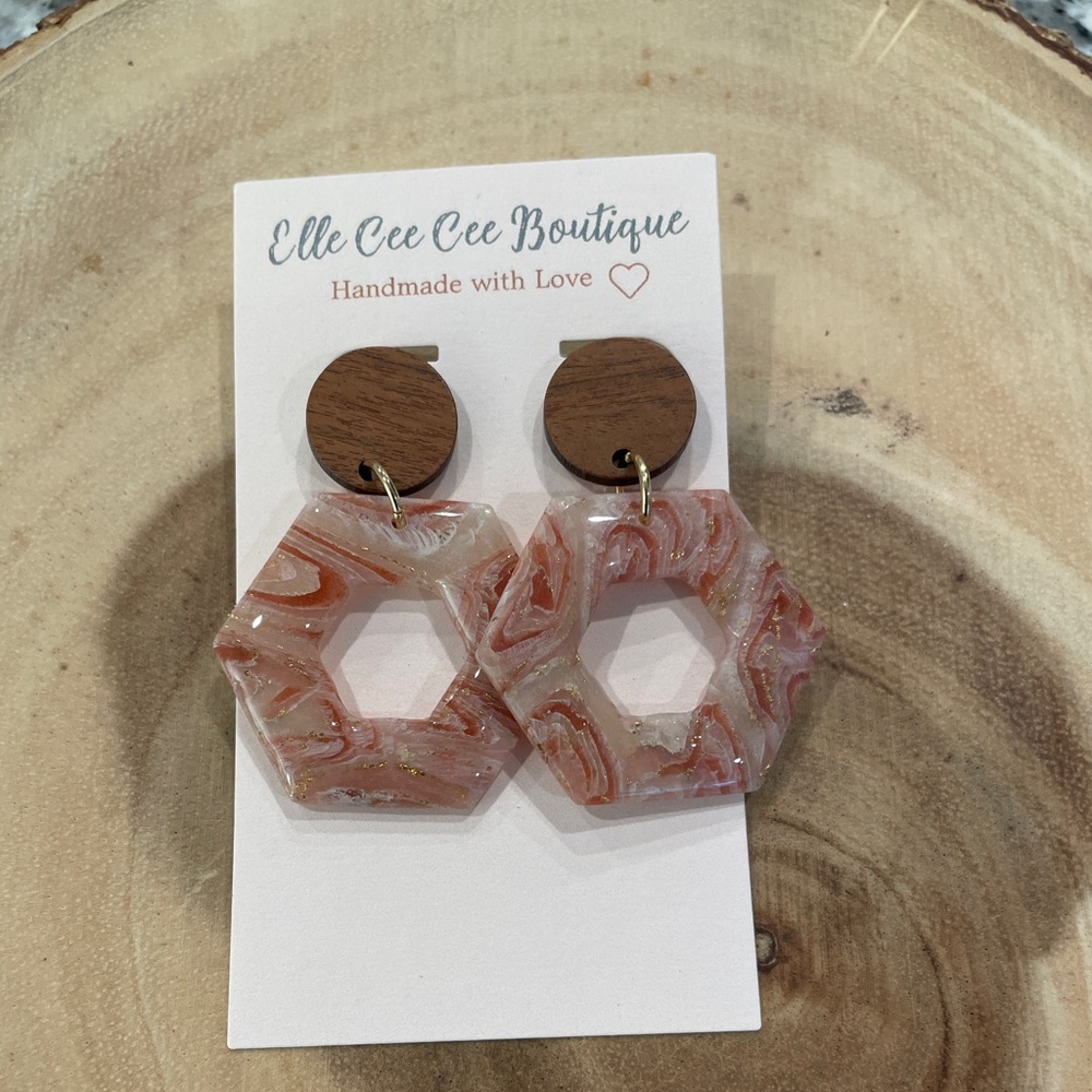 NWT Red Agate Earrings with Wooden Posts--Handmade Polymer Clay Earrings